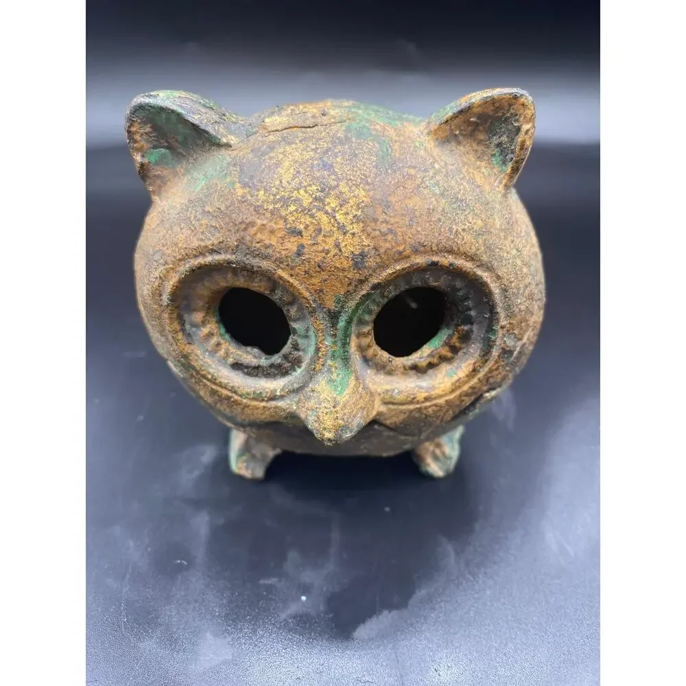 1960s Vintage Japanese Cast Gold Gilt Iron Owl Candle Incense Holder